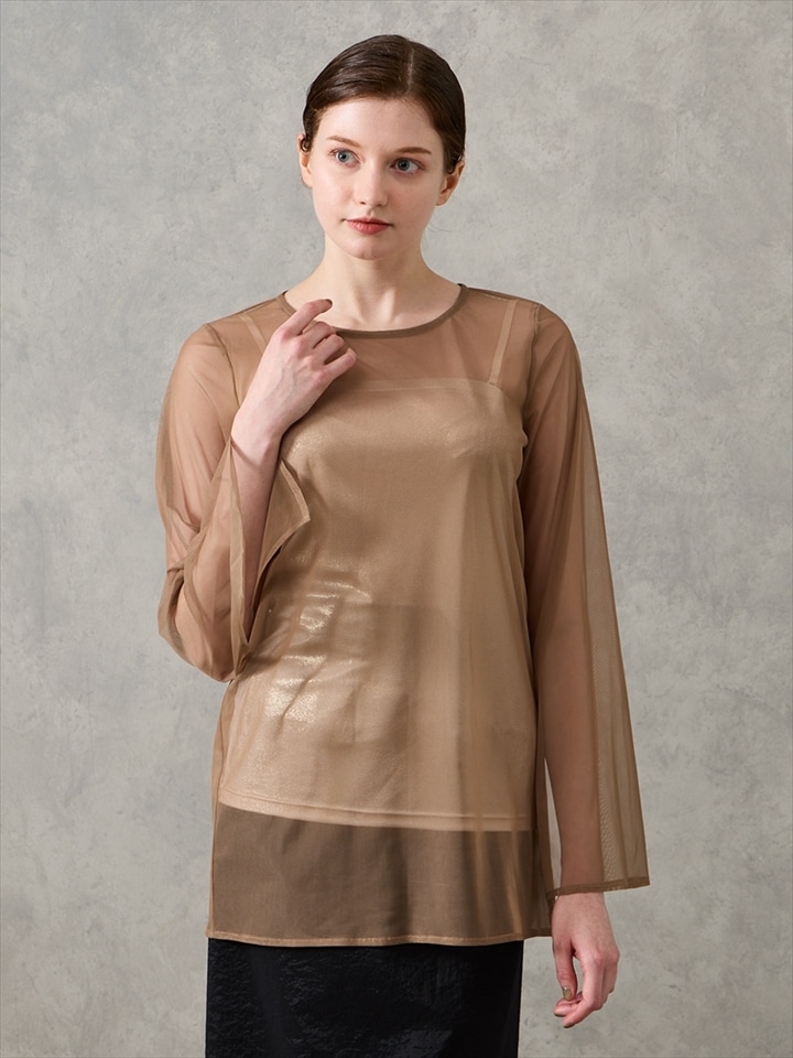 高密度チュールスリットスリーブブラウス|グレージュ