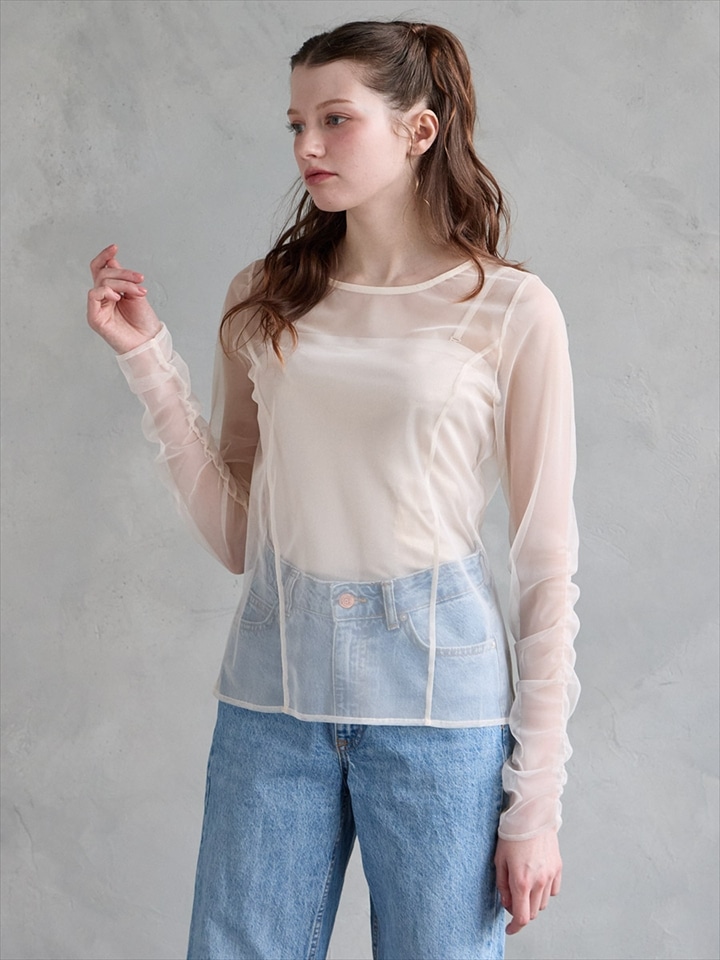 バックシャンブライトチュールロングスリーブブラウス|ベージュ