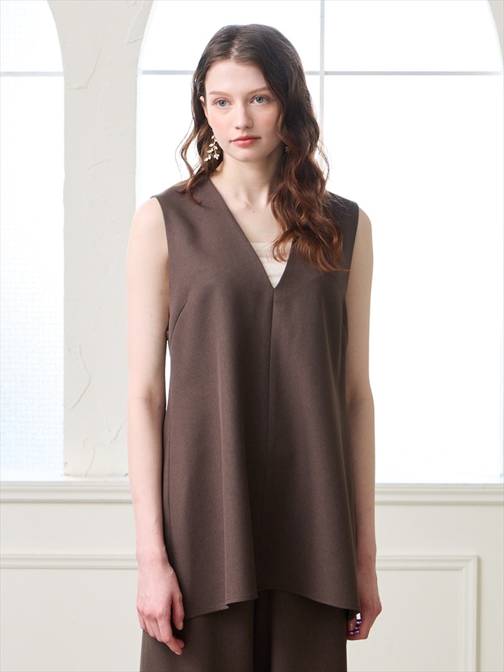 ツイルストレッチVネックトップス|ブラウン