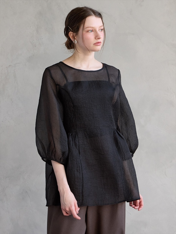 オーガンジーボリュームブラウス|ブラック