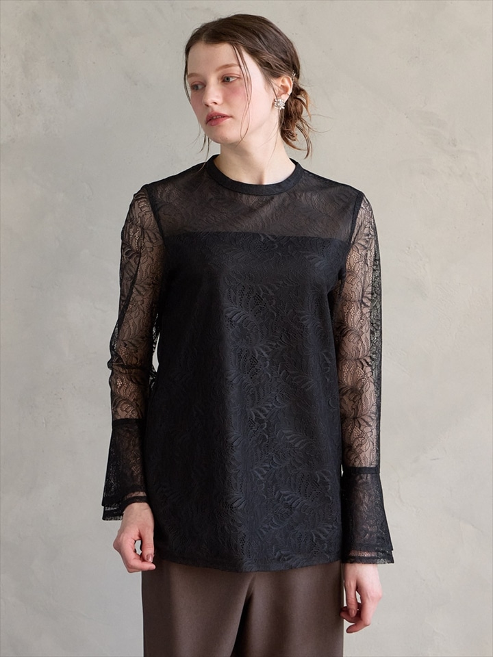 リーフレースフレアスリーブブラウス|ブラック