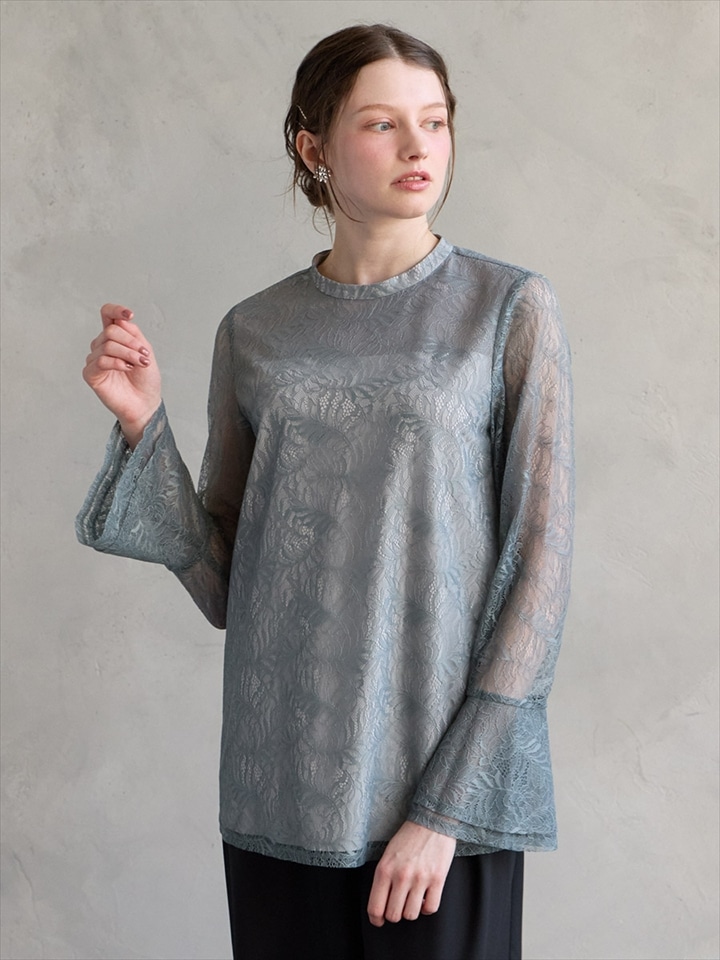 リーフレースフレアスリーブブラウス|グリーン