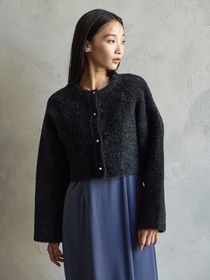 ラメシャギーニットパールボタンカーディガン|ブラック