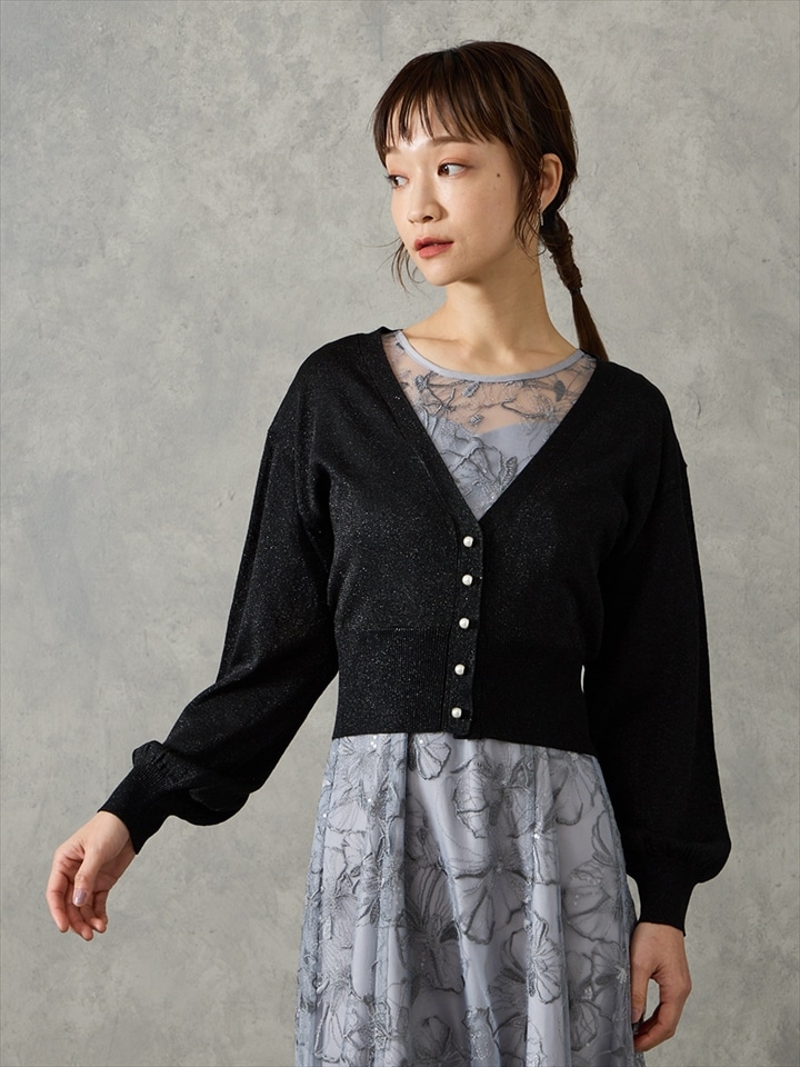 Vネックラメニットカーディガン|ブラック