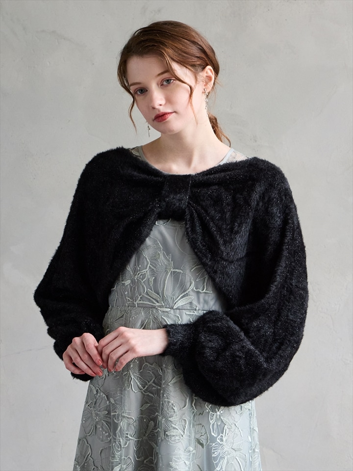 マルチWAYパールボタン付きラメニットリボンデザインカーディガン|ブラック