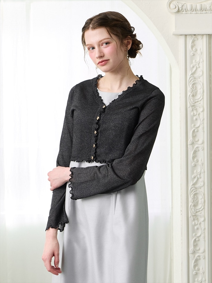 メタリックボタンラメニットメロウカーディガン|ブラック