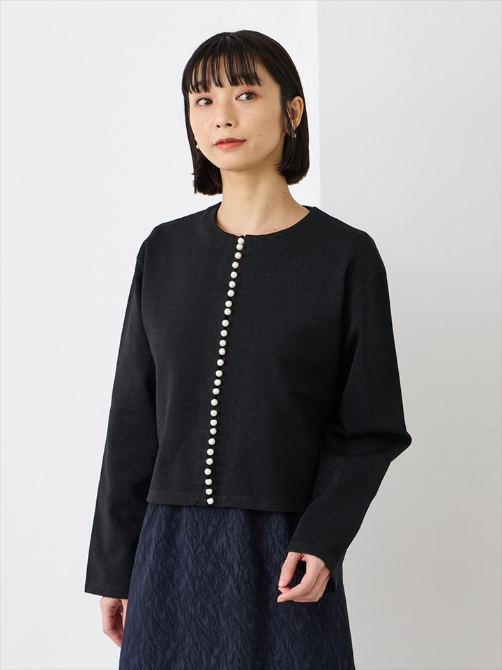 パール付きラメニットカーディガン|ブラック