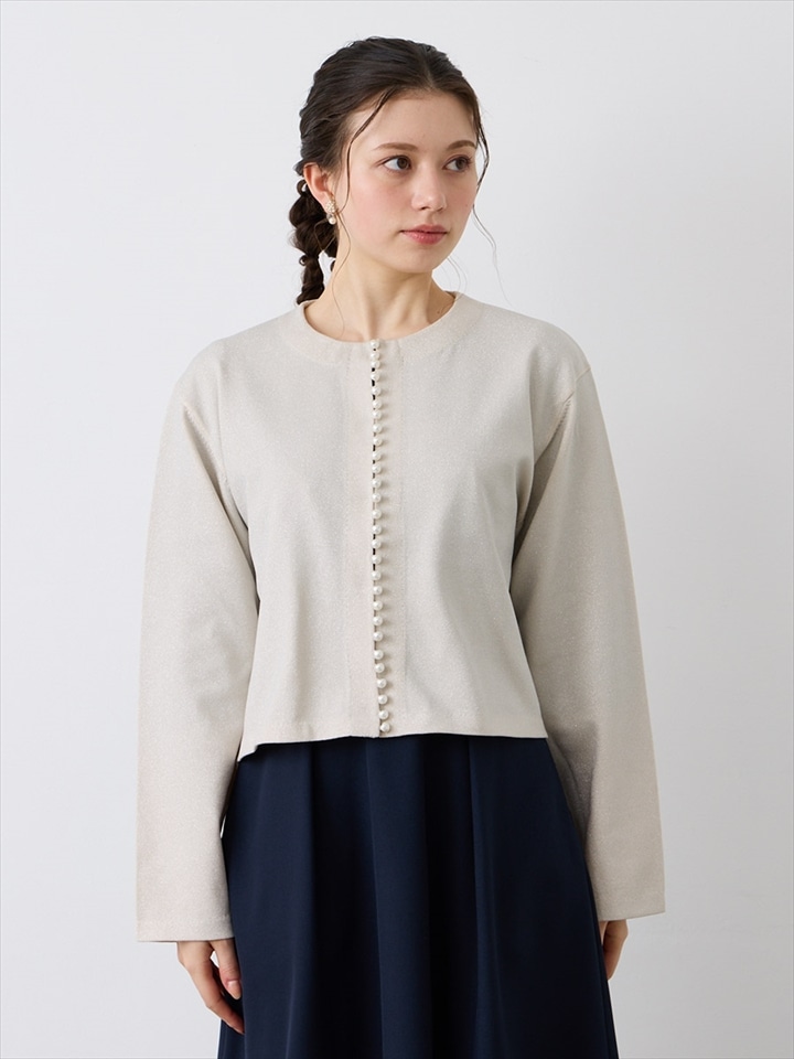 パール付きラメニットカーディガン|ベージュ
