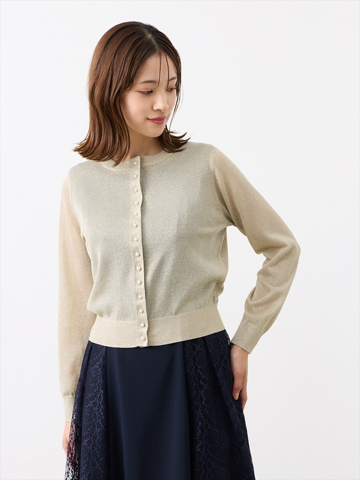 シアーラメニットパールボタンカーディガン|ゴールド