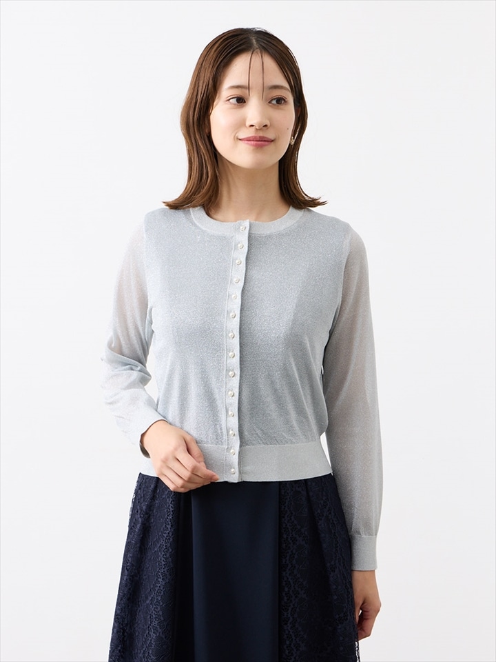シアーラメニットパールボタンカーディガン|シルバー
