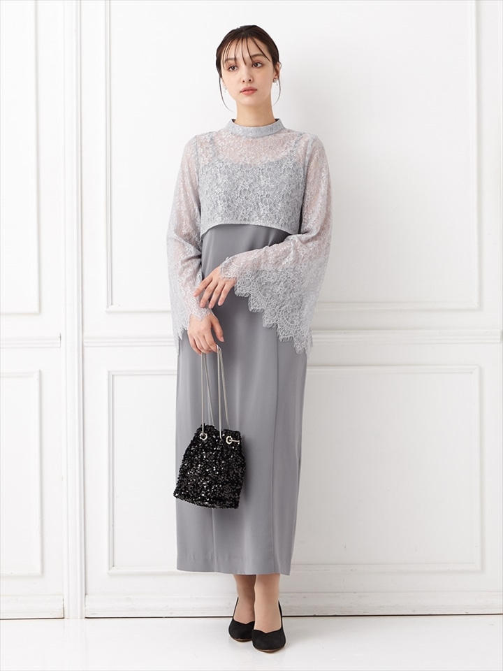 ダブルストラップキャミソールドレス×レースブラウス|ブルーグレー