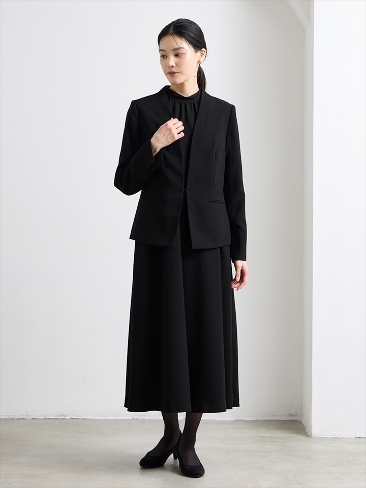 【喪服・礼服】【ウォッシャブル】ラグランスリーブテントラインブラックワンピース×Vネックノーカラージャケット2点セット|ブラック