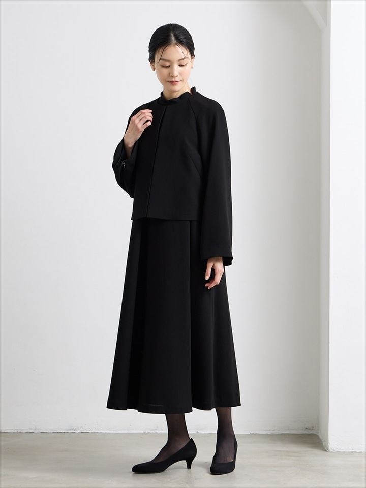【喪服・礼服】【ウォッシャブル】ラグランスリーブテントラインブラックワンピース×ファスナー付きラグランスリーブジャケット2点セット|ブラック