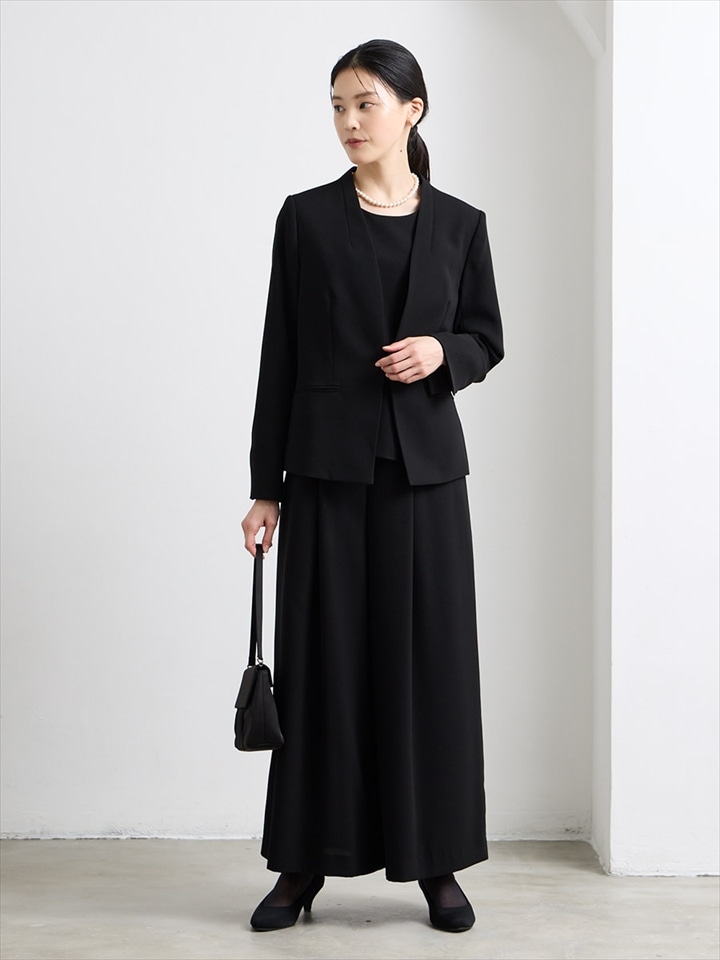 【喪服・礼服】【ウォッシャブル】ペプラムブラウス×ワイドパンツ×Vネックノーカラージャケット3点セット|ブラック