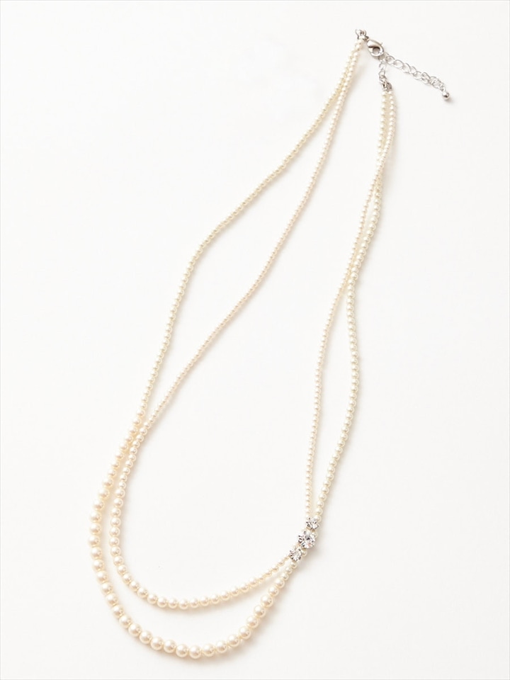 パール×ラインストーン２連ロングネックレス|シルバー