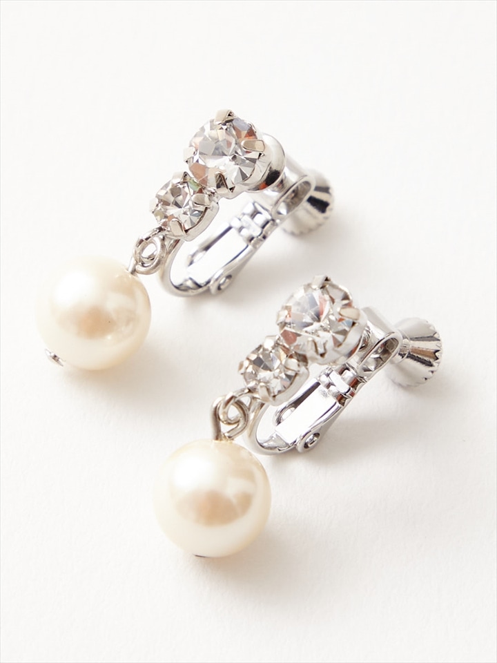 ラインストーン×パールイヤリング|シルバー