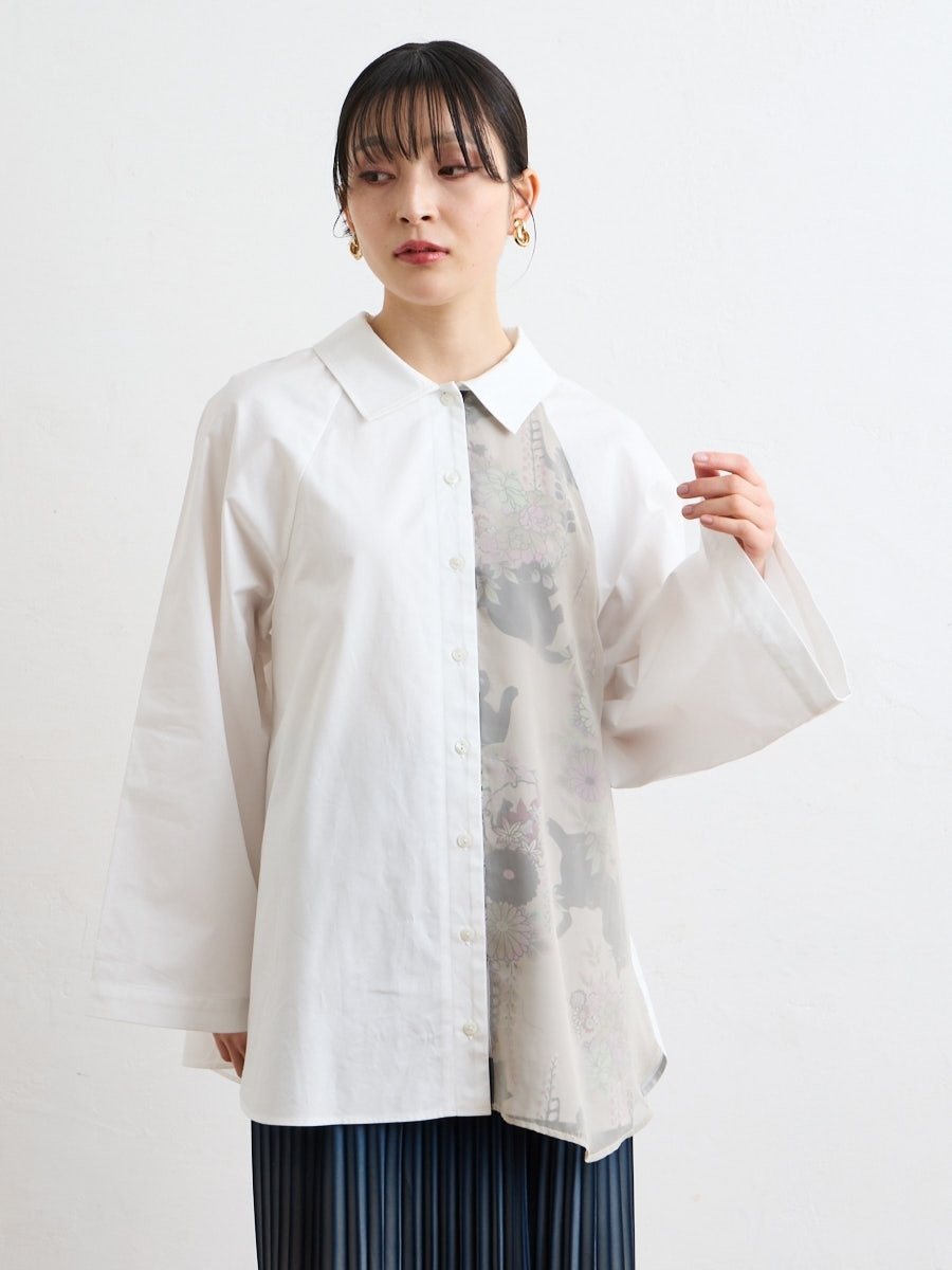 夜空猫 片身合わせ綿ブラウス|オフホワイト