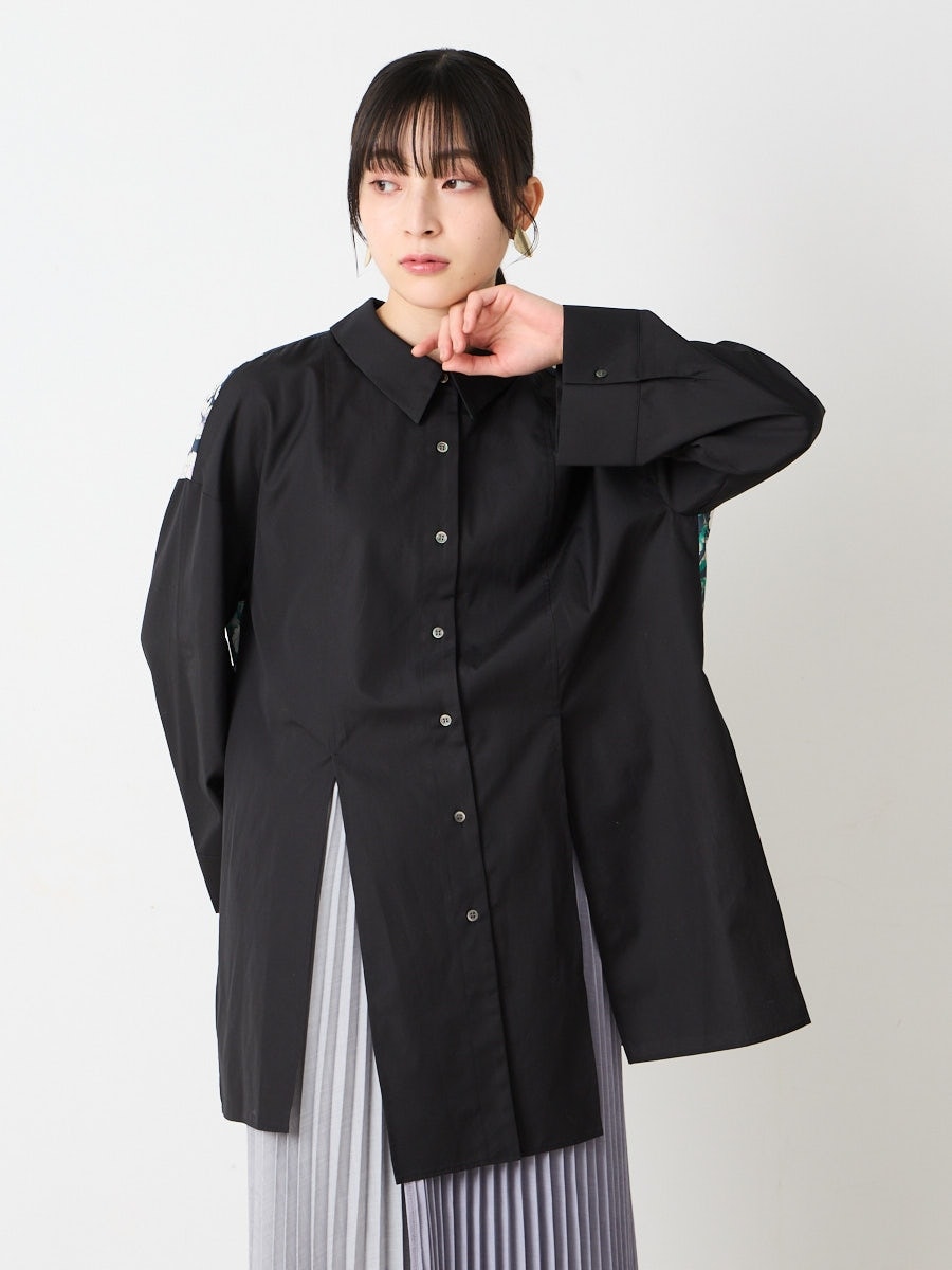 しだれ桜 バックプリントスリットシャツ|ブラック