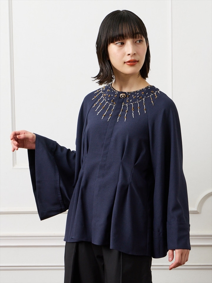 花園・月見うさぎ 刺繍ケープ風ブラウス|ネイビー