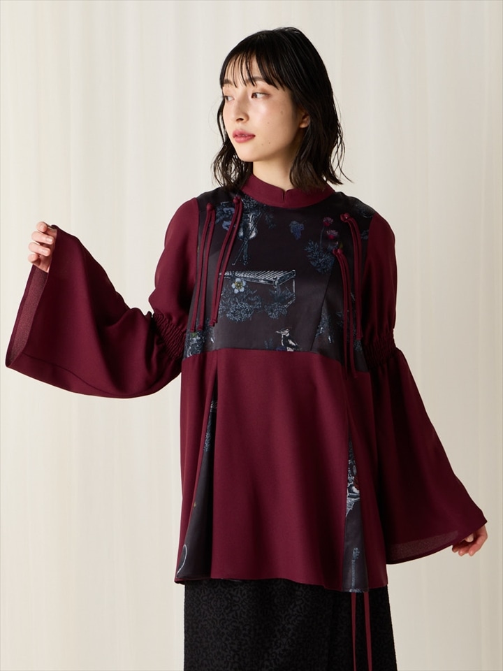 クルエレ シャーリング切り替えブラウス|ワイン