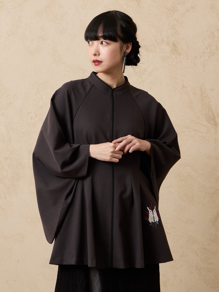 月見うさぎ刺繍 着物袖ブラウス|チャコールグレー