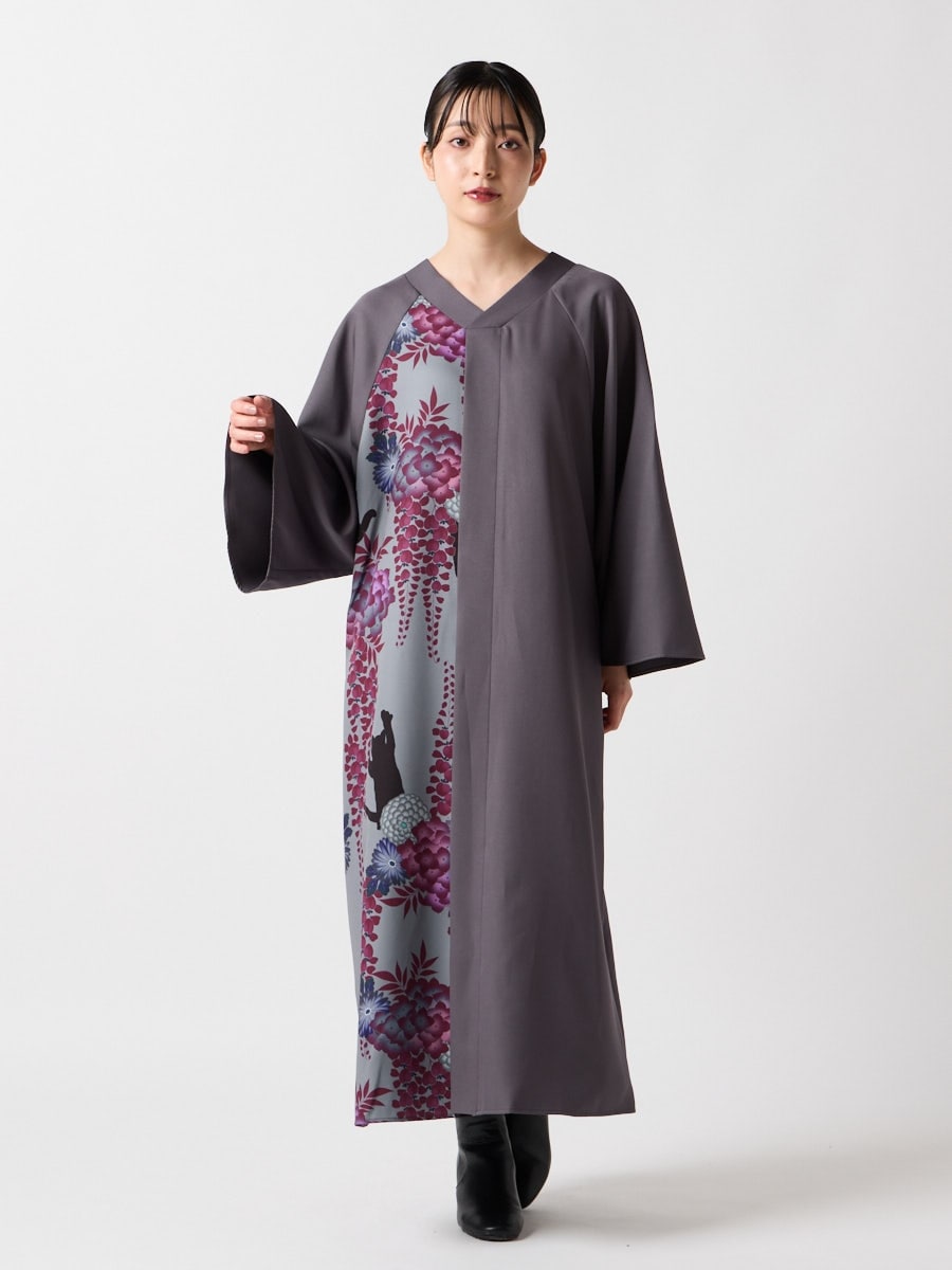 着物片身合わせ風ワンピース|チャコールグレー