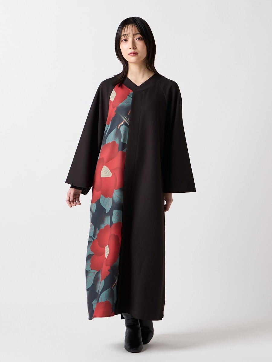 着物片身合わせ風ワンピース|ブラック