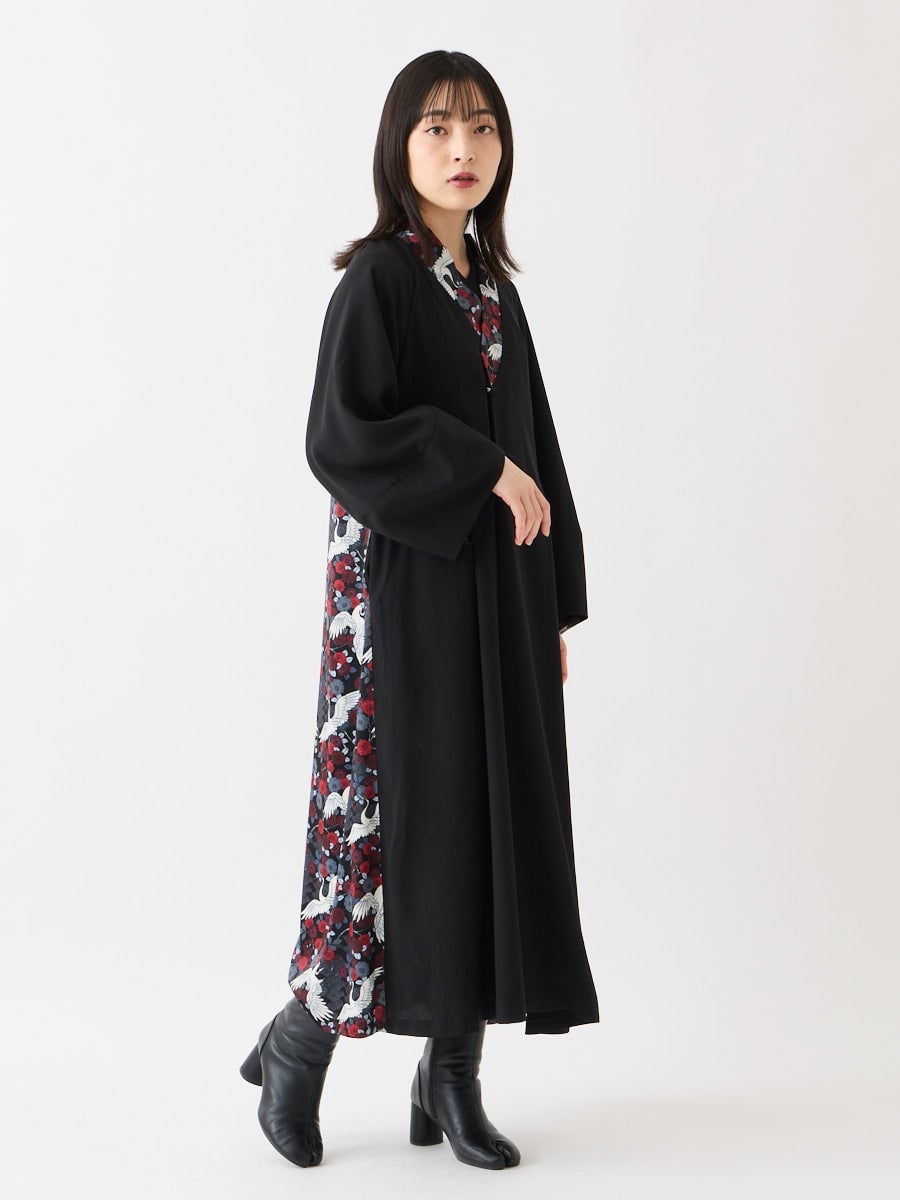 八重鶴姫 着物衿ガウンワンピース|ブラック