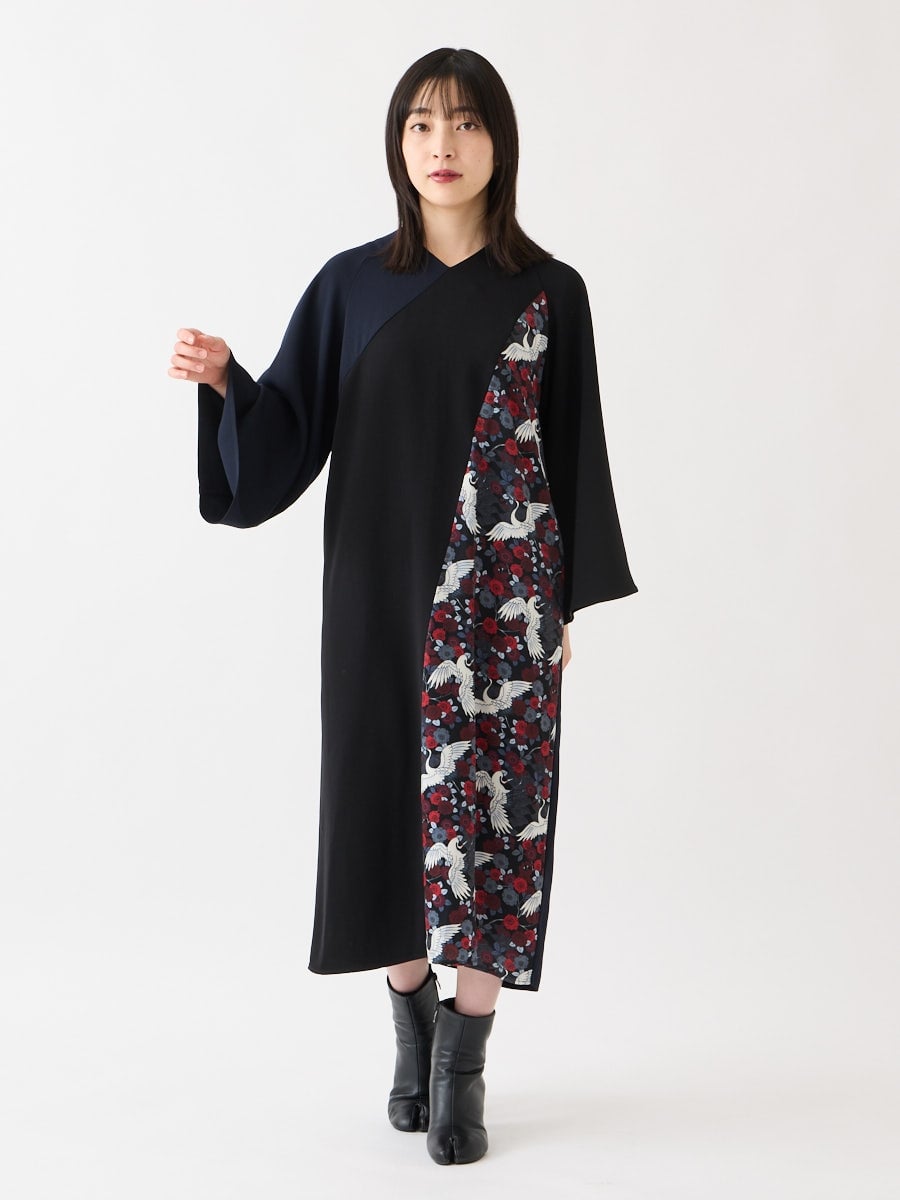 八重鶴姫 切り替えワンピース|ネイビー