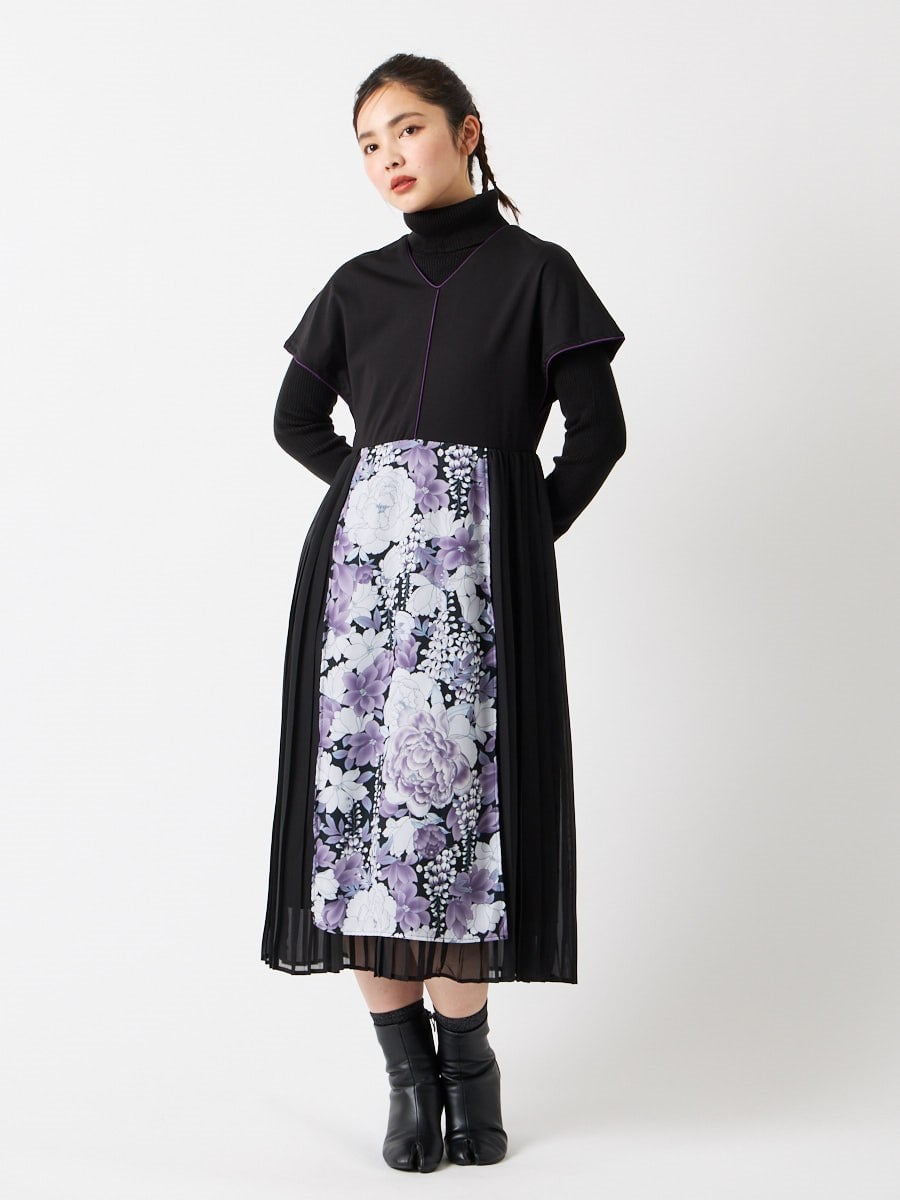 あんみつ・花図鑑 プリーツドッキングワンピース|ブラック