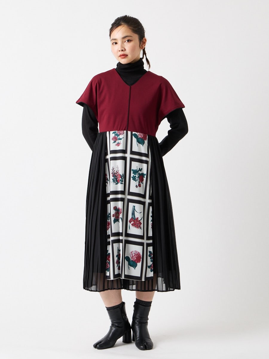 あんみつ・花図鑑 プリーツドッキングワンピース|ワイン