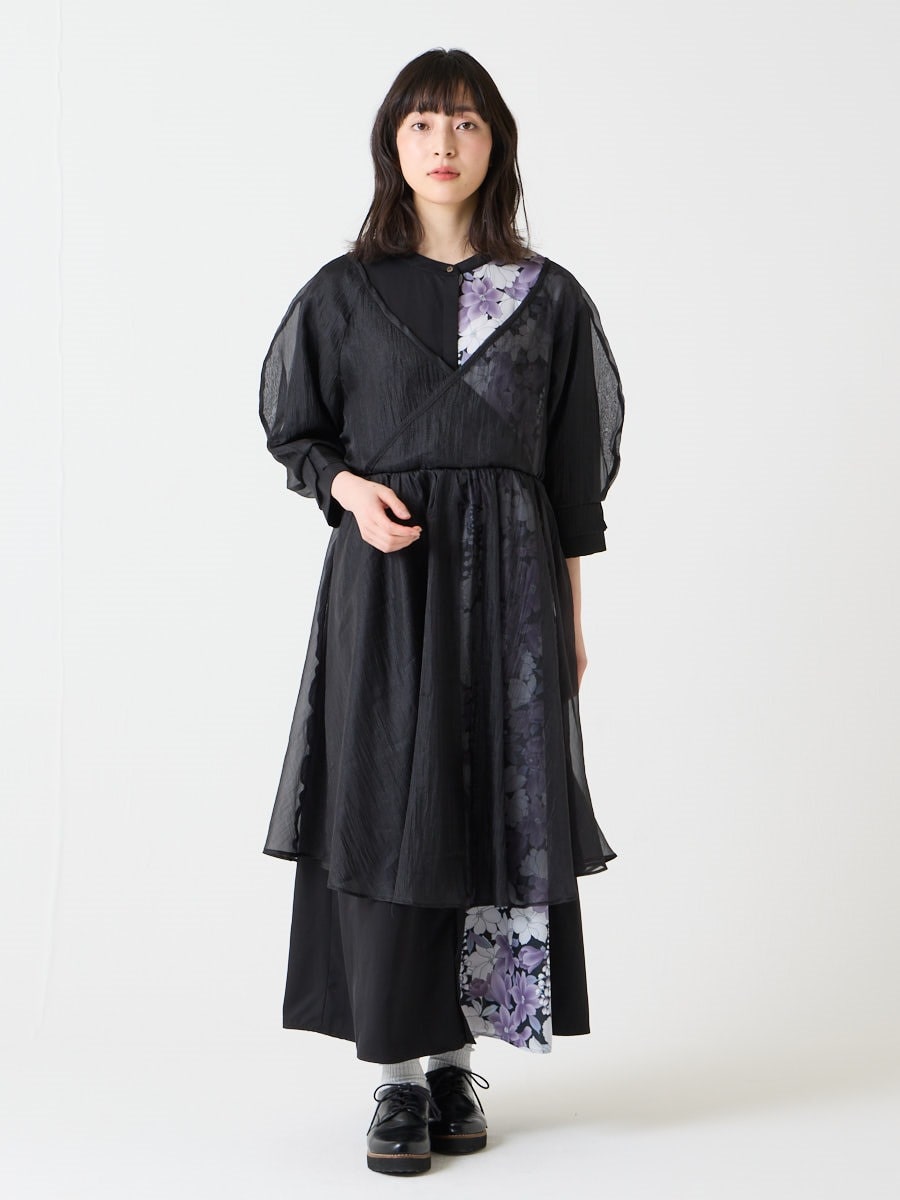 花とあんみつ シアー重ねウェーブワンピース|ブラック