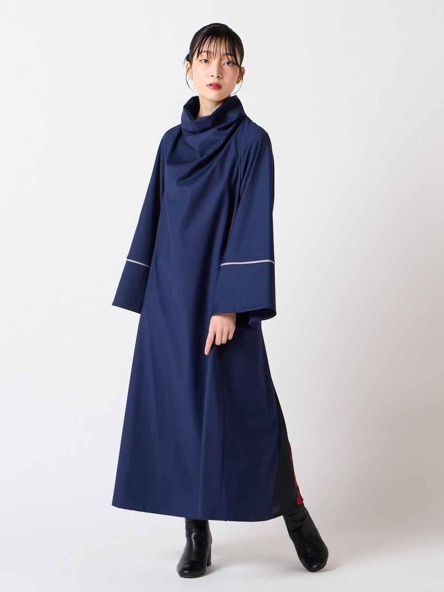 キャロル・妖　ドレープカラー背開きワンピース|ネイビー