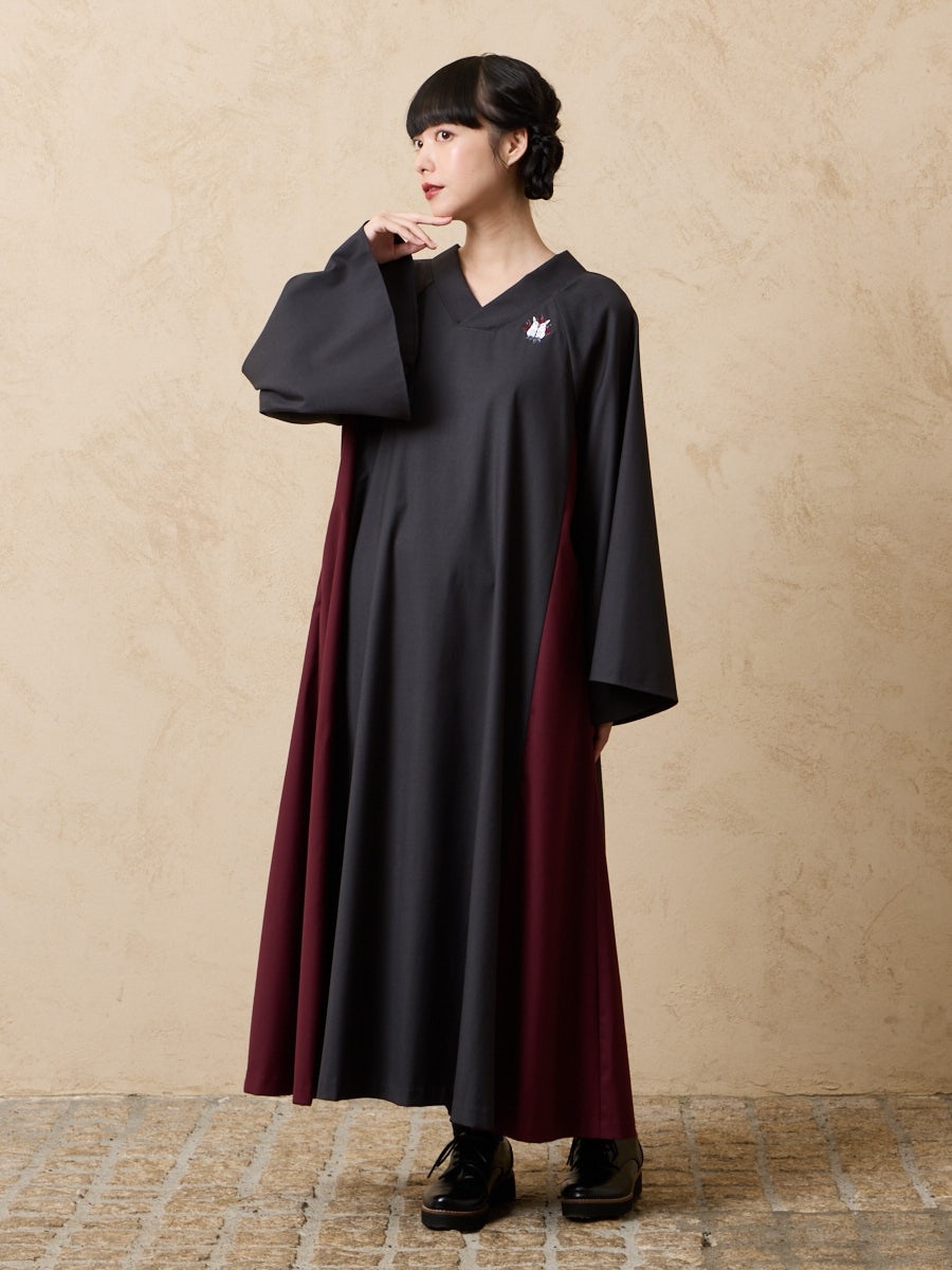 月見うさぎ刺繍 配色ワンピース|チャコールグレー