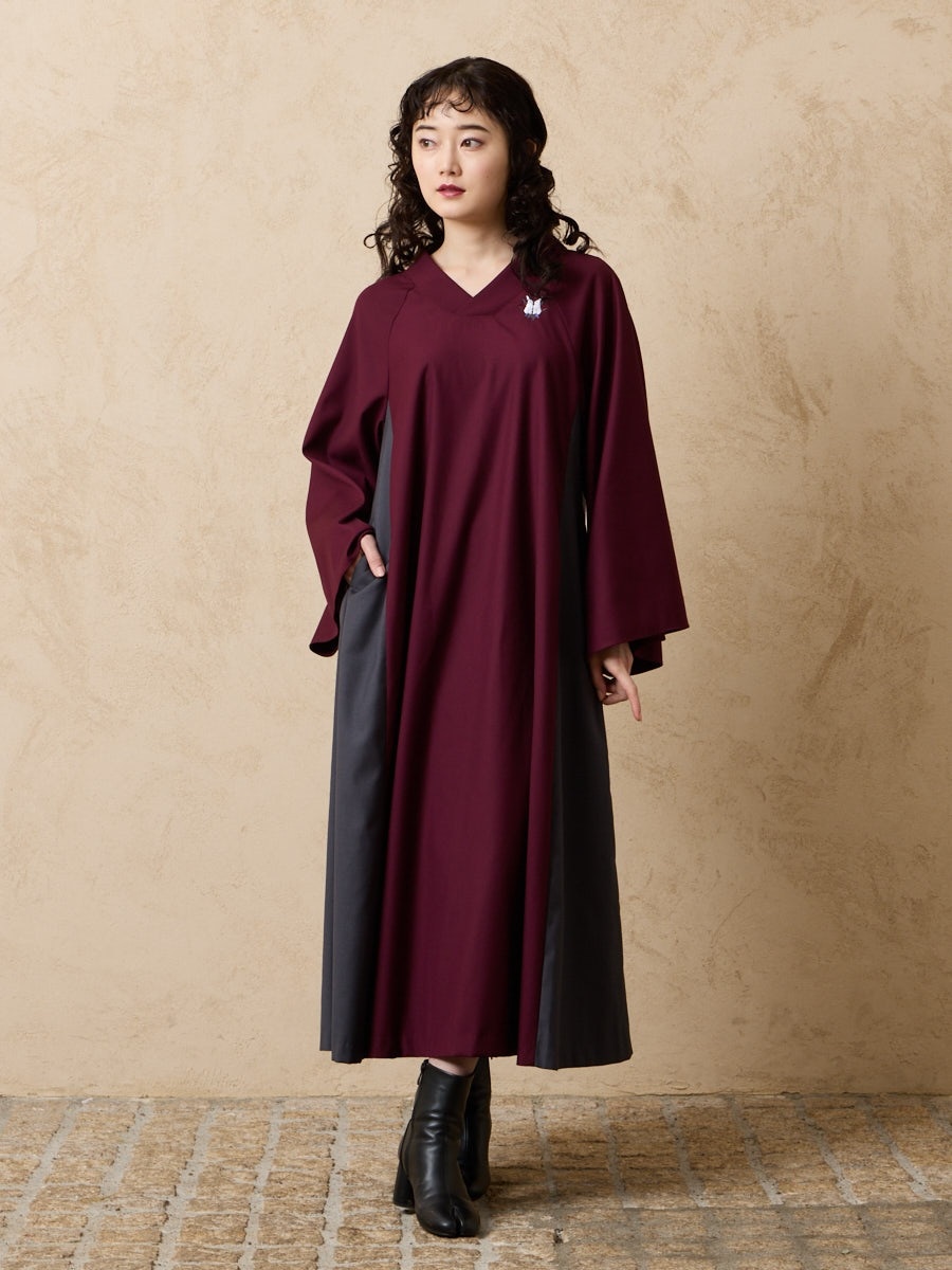 月見うさぎ刺繍 配色ワンピース|ワイン