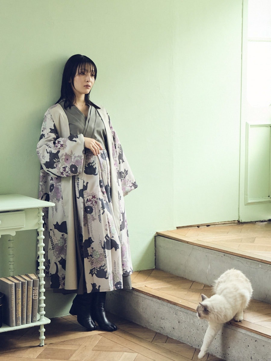 夜空猫 リバーシブル羽織り|グレージュ