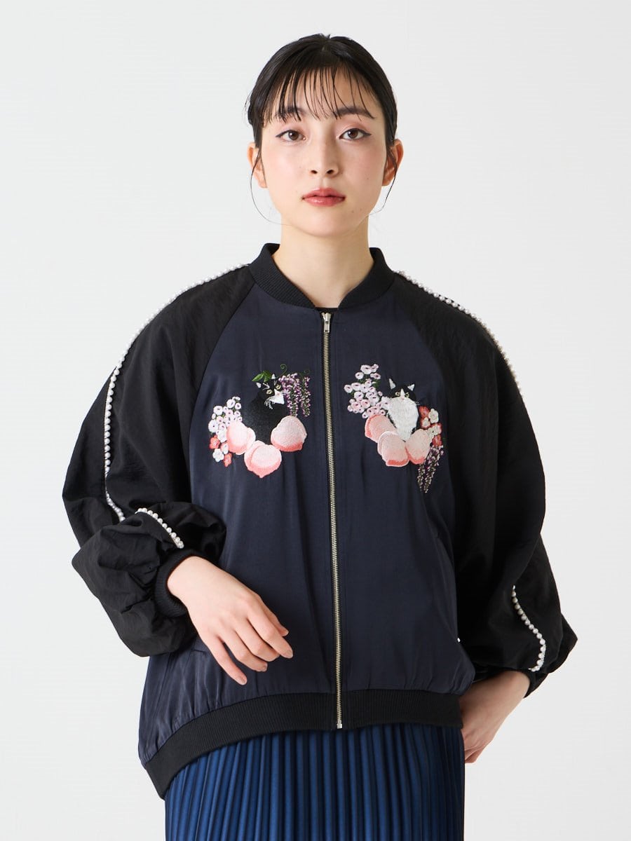 桃源郷 猫刺繍スカジャン|ブラック