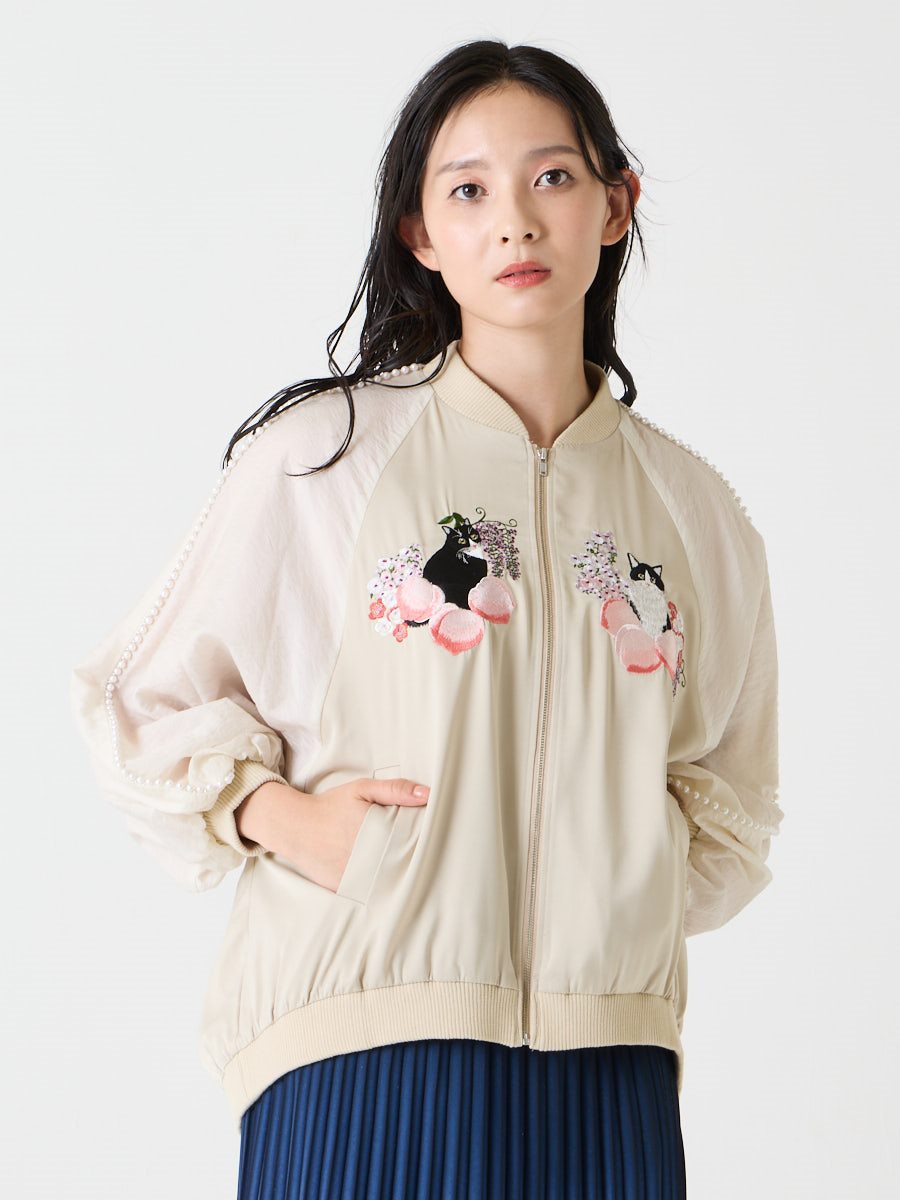 桃源郷 猫刺繍スカジャン|ベージュ