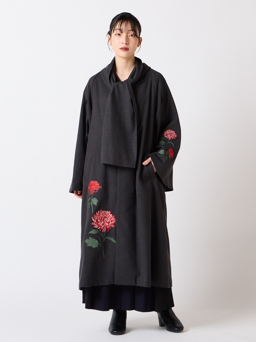 乱菊刺繍ストールロングコート|チャコールグレー