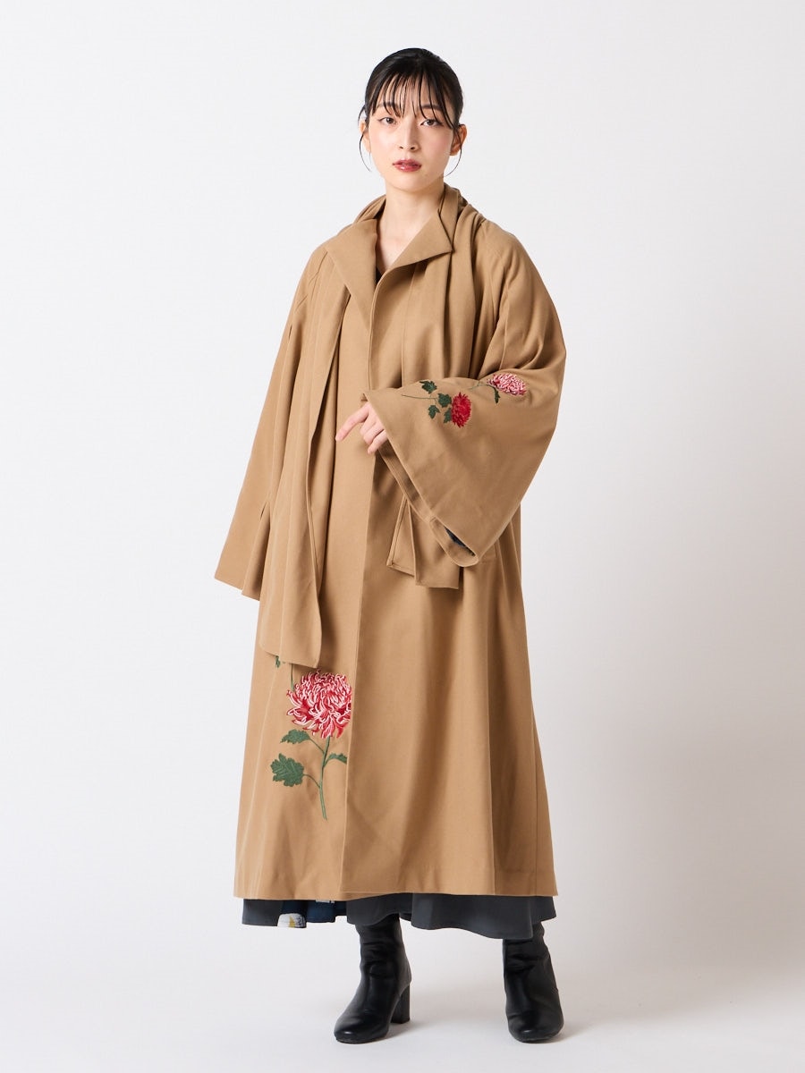 乱菊刺繍ストールロングコート|ベージュ