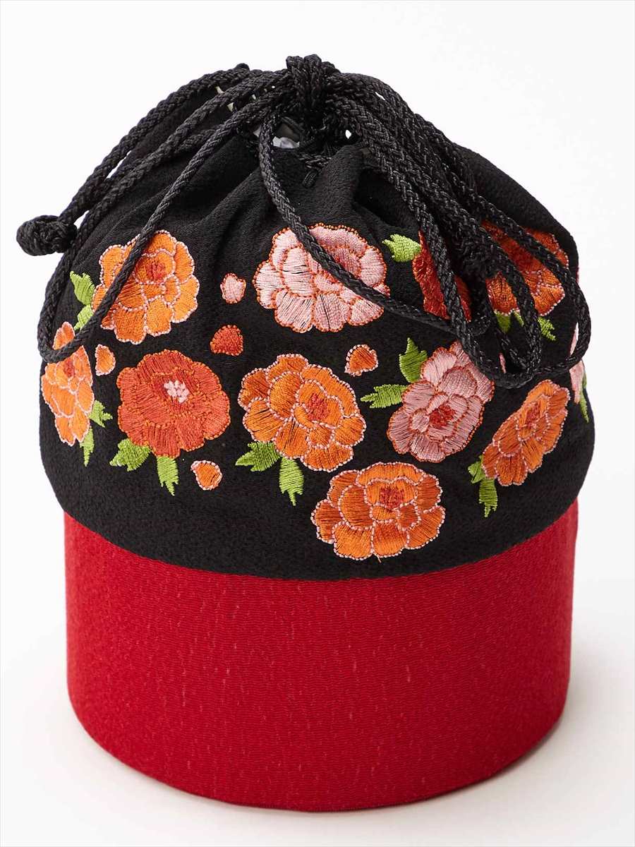 【ラスト1点】フラワー刺繍巾着|ブラック