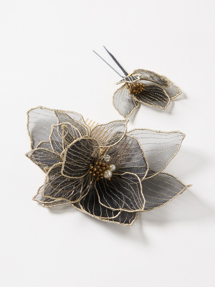 【残りわずか】髪飾り「オーガンジー刺繍コーム」|ブラック