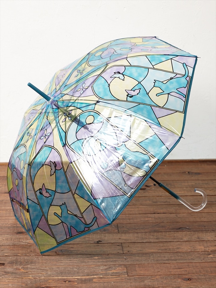 【WEB限定】ステンドグラス風雨傘「 猫と蝶 」(FREE ブルー 