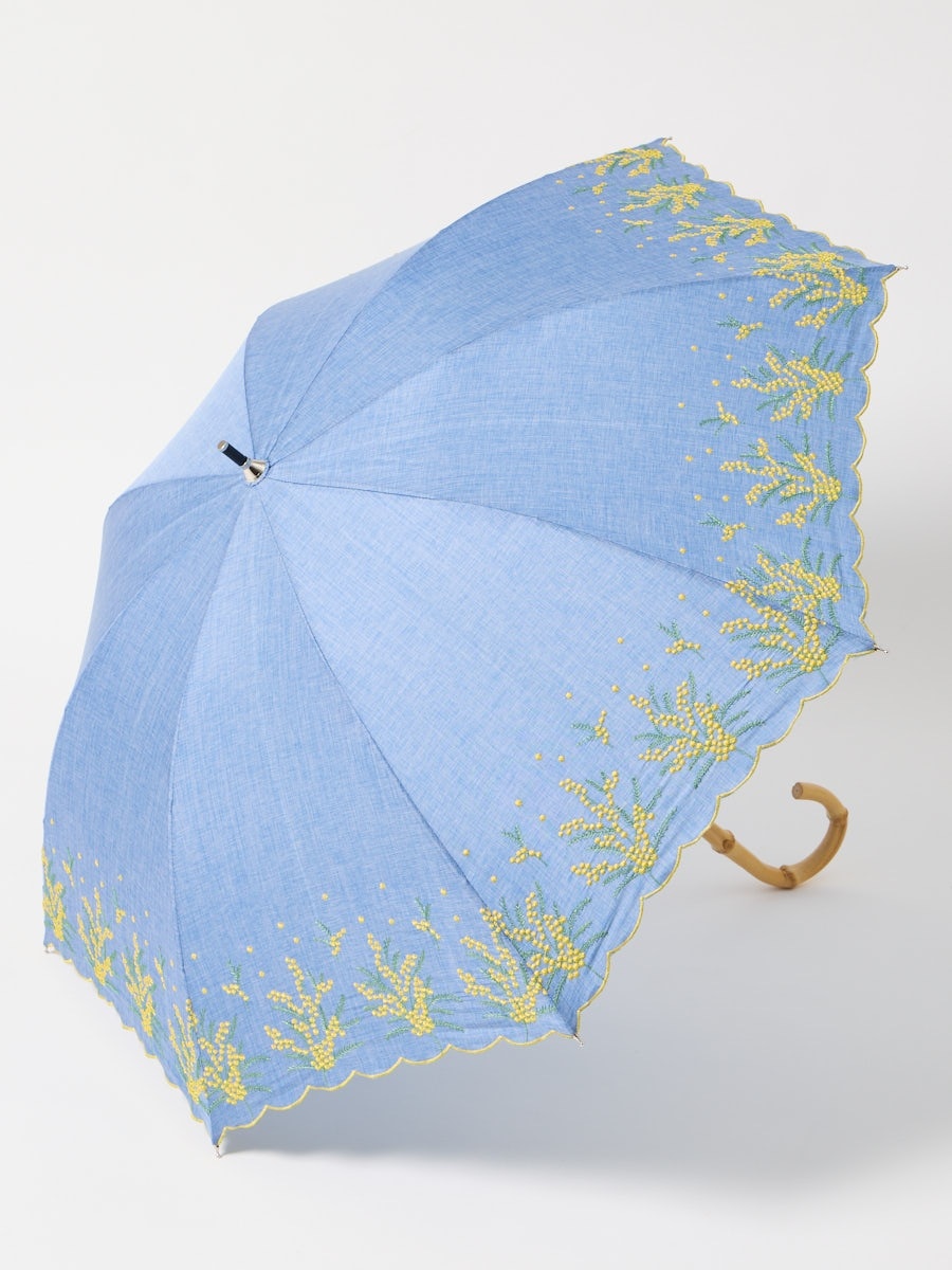 【晴雨兼用傘】ミモザ刺繍|ブルー