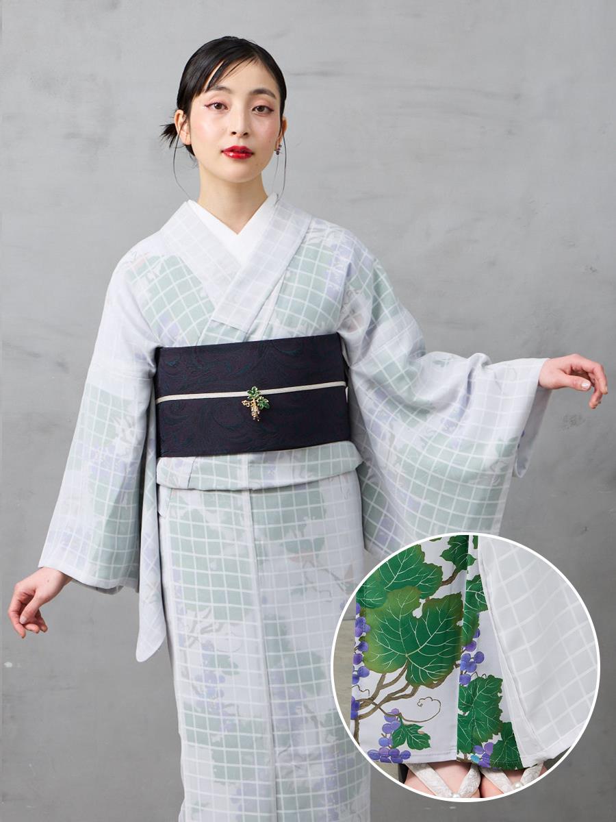 二重着物単品「バスケットベール ぶどう・もも」|パープル