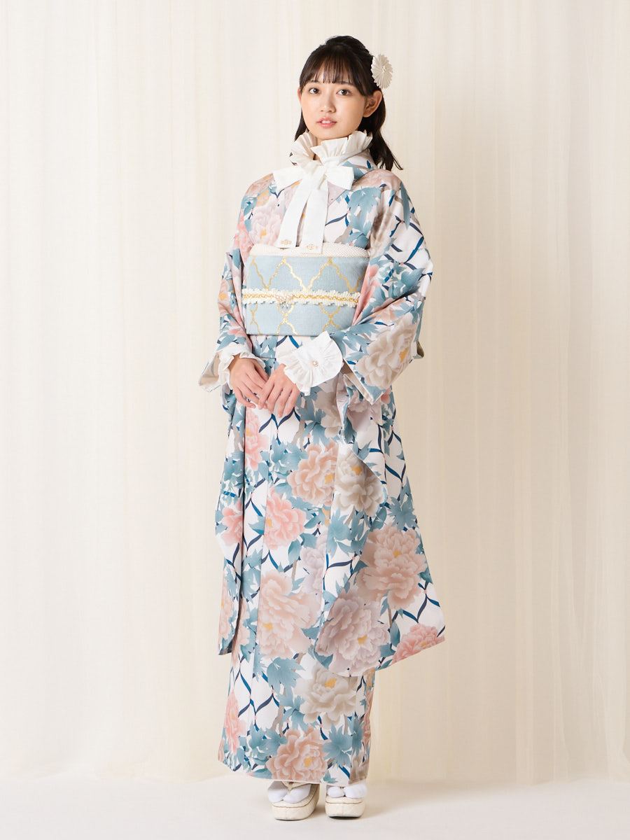 振袖単品「リボン格子牡丹」|ピーコックグリーン