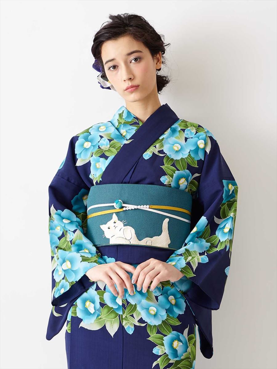 【ラスト1点】浴衣単品「 ガーデンカメリア 」|ロイヤルブルー