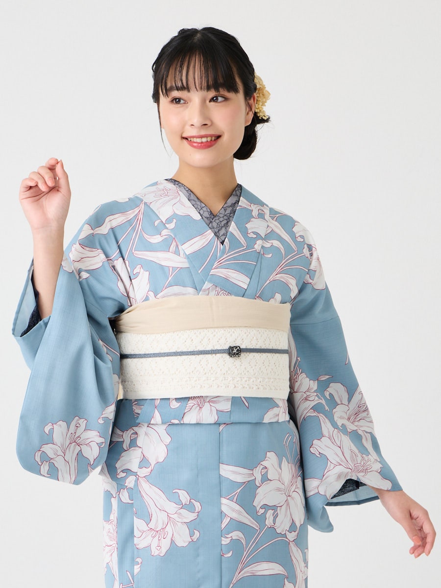 浴衣単品「 アウトラインリリー 」|サックス