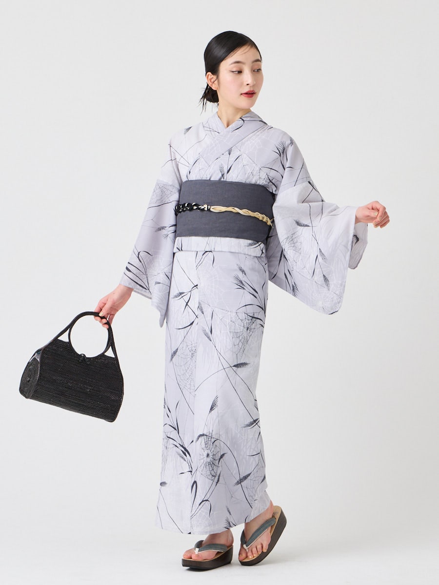 浴衣単品「 ススキと蜘蛛の巣 」|ライトグレー
