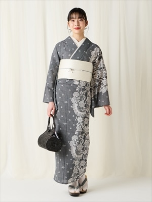 【残りわずか】浴衣単品「 片寄せレース 」|ネイビー